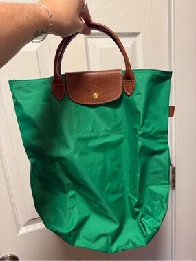 Longchamp Green Nylon Tote with Brown Leather Trim